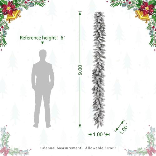 Glitzhome 9ft Christmas Garland for Mantle, Pre-Lit Snow Flocked Christmas Garland with Warm White LED Lights and Timer for Fireplace, Dining Table, Stairs Christmas Decoration