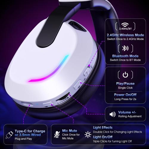 Wireless Gaming Headset for PS5 PS4 PC Switch Mac - RGB Over-Ear Headphones with Noise Cancelling Mic, 60H Playtime, 7.1 Surround Sound, Bluetooth 5.4 & Memory Foam Ear Cushions