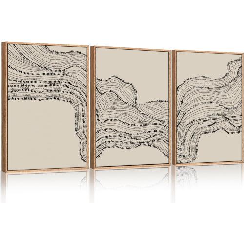 Size 16x24x3 Neutral Abstract Framed Canvas Wall Art Set, Black Beige Wave Line Wall Decor, Large Minimalist Painting, Modern Geometric Art Print for Living Room, Bedroom, Dinning Room, Office - 16x24x3
