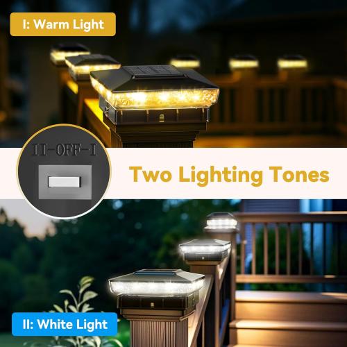 Solar Post Cap Lights, 12-Pack Upgraded Outdoor Deck Fence Post Solar Lights for 4x4 5x5 Wood/Vinyl Posts, IP65 Waterproof, 10-12 Hours Warm/Cool White Glow for Garden/Patio/Porch - Black