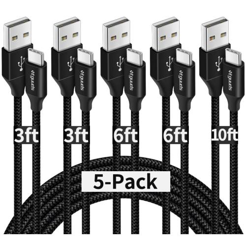 etguuds USB A to USB C Cable 5-Pack (3/3/6/6/10 ft), Fast Charging Type C Charger Cord for iPhone 17 16 15 Pro Max Plus Air, Samsung Galaxy S25 S24 S23 S22 S21 S20 A56 A17 A16, Pixel, Moto G, Black