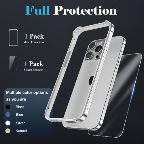 YMHML Bumper Case for iPhone 15 Pro Titanium, Aluminum Alloy   TPU Bumper Frame with Screen Protector Tempered Glass, Metal Slim Fit No Back Design 4 Corner Raised Protection Accessories, Silver