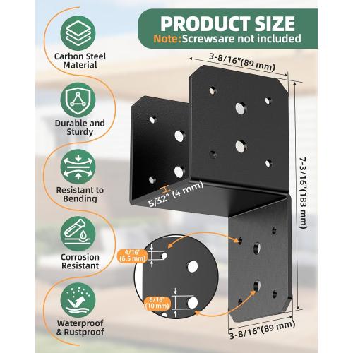 Heavy Duty Angle Brackets for 4x4 4x6 Post, 4MM Thick Black Steel 90 Degree L Brackets, Large Corner Brackets for Wood, Outdoor Crafts Woodworking Projects, Shelf L Brackets