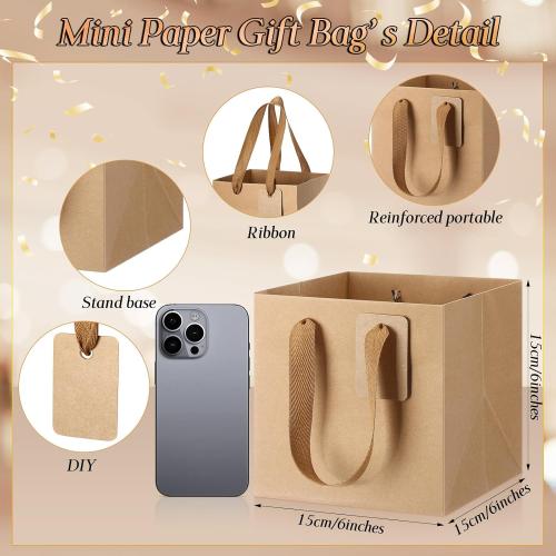 Windyun 25 Pcs Mini Paper Gift Bags with Handle 6 x 6 x 6'' Square Small Favor Bag with DIY Thank You Tag for Christmas Birthday Wedding Bridal Shower Bridesmaid Graduation Party (Kraft)