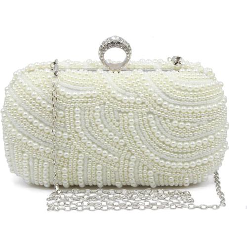 Aovtero Pearl Clutch Bag Bride Purse Women Wedding Prom Evening Bags Full Beaded Handbag with Chain
