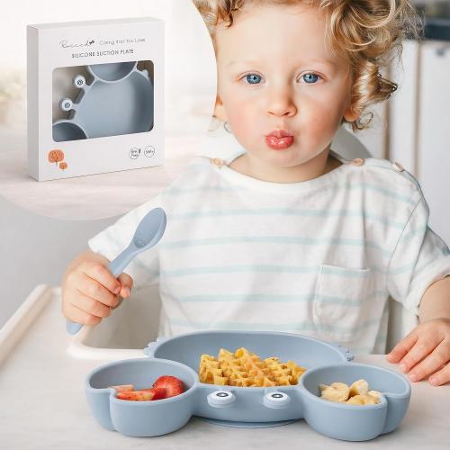 Suction Plates for Baby, Silicone Plates with Suction Divided, Baby Spoon Fork Set for Toddler Baby Dishes Kids Utensils-Crab Dusty Blue