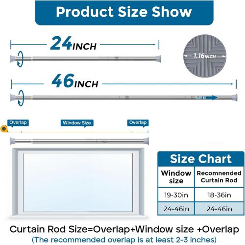 AIZESI Tension Rod 24 to 46 Inch, 1Pcs Silver Tension Rod Tension Curtain Rod, Spring Tension Rod No Drilling Adjustable Curtain Rod for window，kitchen，closet，doorway