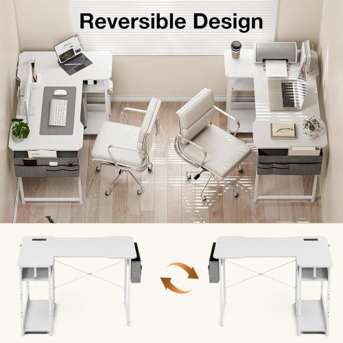 COLOR BLACK Small Gaming Desk with Power Outlets, 40 Inch L Shaped Desks with Reversible Shelves and Storage Bag,Computer Desk Corner Desk PC Desk for Gaming and Home Office Table