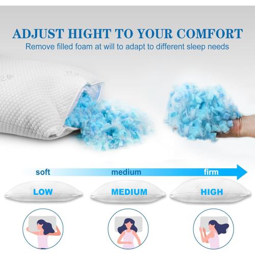 Cooling Pillows Queen Size Set of 2, Shredded Memory Foam Pillows for Sleeping, Firm Pillow Adjustable Soft Gel Cool Bed Pillow for Side, Back and Stomach Sleeper（20x30）