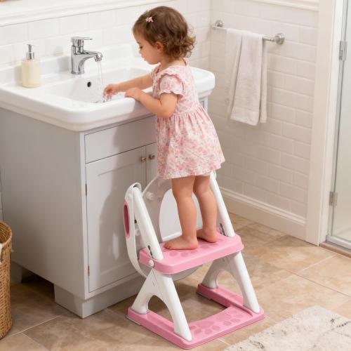 SKYROKU Potty Training Seat for Toddlers – 2-in-1 Adjustable potty ladder with Step Stool, Anti-Slip Cushion, Splash Guard & Extra-Wide Pedals, Supports 200  lbs, Ideal for Boys & Girls (Pink)
