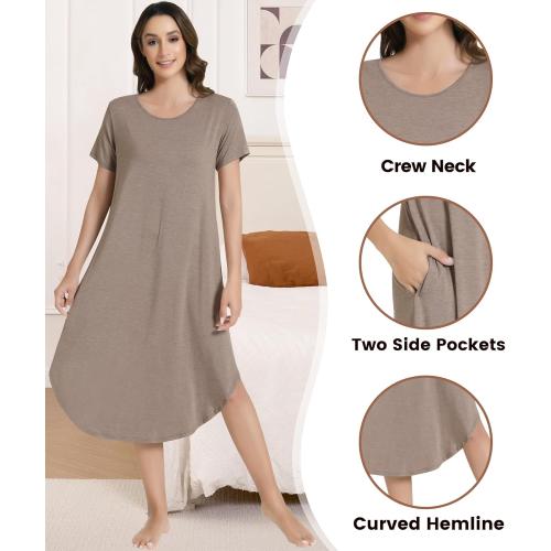 Size Large NACHILA Nightgowns for Women-Viscose Made from Bamboo, V Neck Sleepshirts Short Sleeve Sleepwear Cool Nightshirt