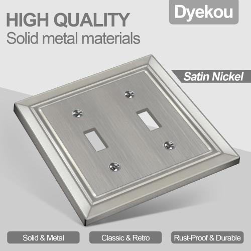 Metal Wall Plate for Electrical Outlets, Decorative Brushed Nickel Switch Plates Outlet Cover, Light Switch Cover Plate, 2-Gang Wall Plates (Double Toggle, 2 Pack)