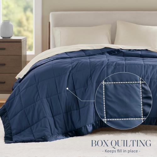 Full/Queen Madison Park Windom Down Alternative Blanket, Premium 3M Scotchgard Moisture Wicking Treatment, Lightweight and Soft Bed Cover For All Season, Satin Trim, Navy