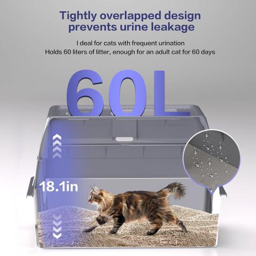 XXXL Stainless Steel Litter Box with Lid，Extra Large 28L*20W*18.1H Metal Cat Litter Boxs,Jumbo Enclosed Removable Litter Box High Sides For Big Cats,with Cat Litter Scoop, Leak-Proof, Easy to Clean