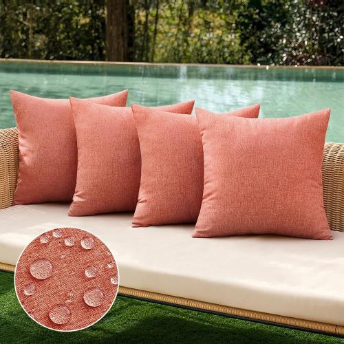 MIULEE Pack of 4 Decorative Outdoor Throw Pillow Covers Linen Waterproof Pillow Covers Farmhouse Cushion Cases for Patio Garden Tent Balcony Couch Sofa 18x18 inch Coral Red