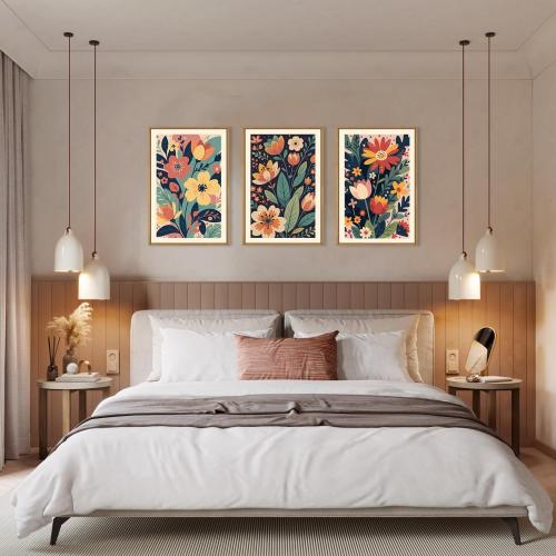 KAIRNE Vintage Colorful Floral Framed Canvas Wall Art Set,Mid Century Modern Flower Wall Decor,Retro Wildflower Art Prints,Boho Botanical Artwork for Living Room,Bedroom,Farmhouse,Office-16 x24 x3