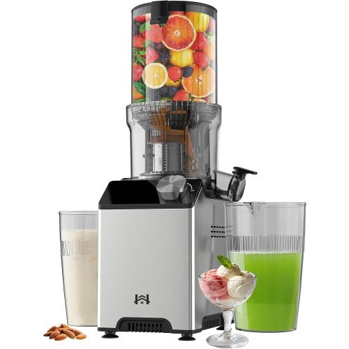 Cold Press Juicer, Wide Feed Chute Juicer Machines, Stainless Steel Slow Masticating Juicers Easy to Clean, Vegetables & Fruits Juice Extractor, High Juice Yield, Gray Knob