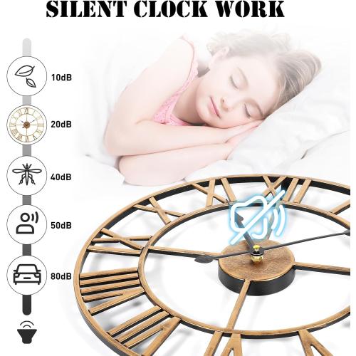 Large Wall Clock, 24-Inch(60CM) Roman Numeral Decorative Art Wall Clock,Completely Silent, Non Ticking, Battery-Operated Metal for Living Room, Bedroom and Kitchen-Copper Gold