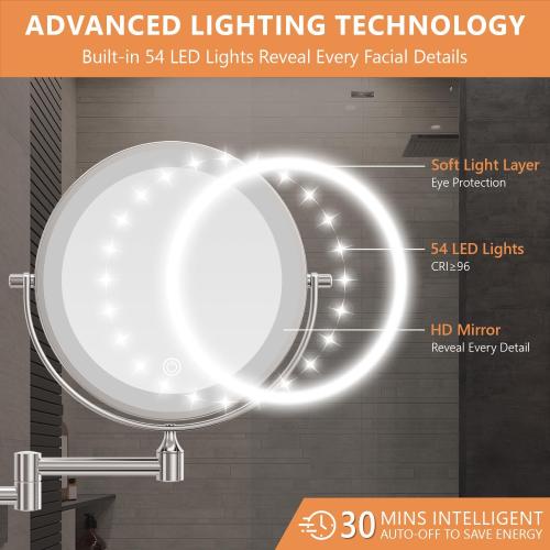 Auxmir 1X/30X Wall Mounted Makeup Mirror with Light, 8 Rechargeable Double-Sided Magnifying Mirror, Vanity Mirror Dimmable 3 Color Light, 360° Extension Rotation Foldable 14.5 Inch Arm, Chrome