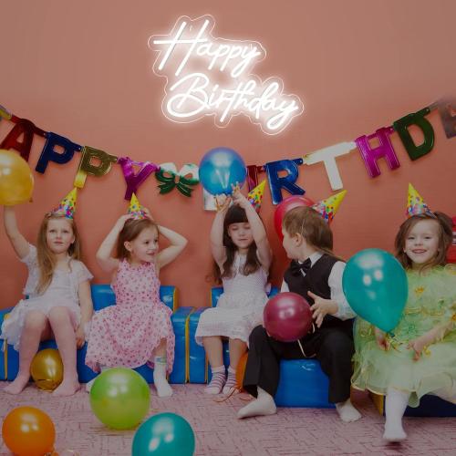 Happy Birthday Neon Sign for Wall Decor, 17×12 Inch White Led Neon Light Signs, Art Decoration Happy Birthday Neon Light Sign for All Birthday Party Decoration with 2 Pcs Pasters