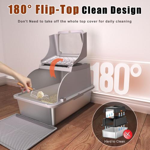 Grey 23.6 L × 15.7 W × 14.5 H Stainless Steel Cat Litter Box with Lid, 180° Flip Top XL Enclosed Litter Box with Trapping Mat & Metal Scoop, Front Top Dual Entry Steel Extra Large Cat Litter Pan
