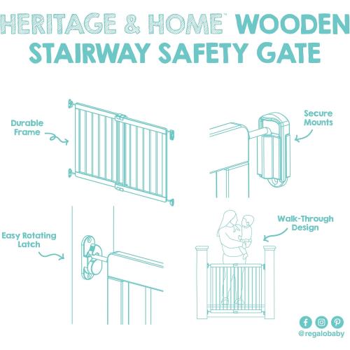 Regalo Safety 23.5-42 Heritage & Home Wooden Baby Gate for Stairs & Doorways, Walk Through Stair Gate with Door for Babies, Toddlers, & Pets, American Designed and Owned