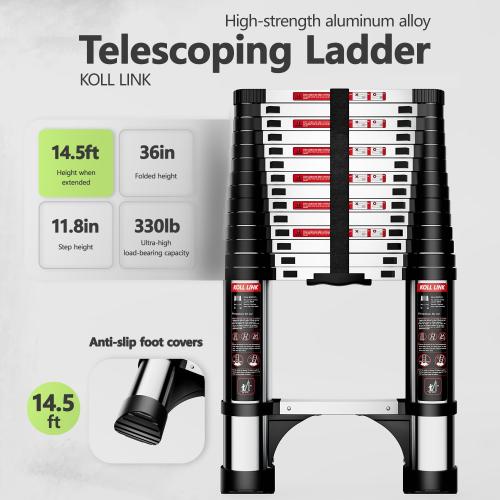 Telescoping Ladder,14.5 FT Aluminum Lightweight Extension Ladder with 2 Triangle Stabilizers, Heavy Duty 330lbs Max Capacity