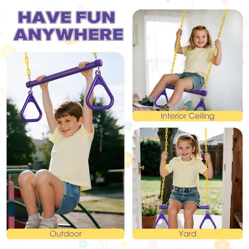 LadyRosian 17 Trapeze Bar Swing Set Gym Rings 47 Heavy Duty Chain Swing Set Accessories with Locking Carabiners Plastic Coated Chains Monkey Bars for Backyard, Playroom (Purple)