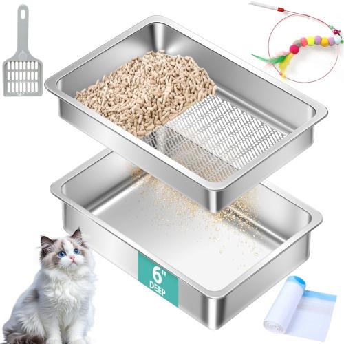 Stainless Steel Sifting Litter Box for Pine Pellets,Sifting Cat Litter Box for Wood Pellets,Large Sifter Litter Pan System with Litter Liners and Scoop-17.72'' L x13.78'' W x6''H