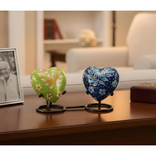 Set of 2 Size 3 Color Blue and green eSplanade Mini Heart-Shaped Cremation Urn Keepsakes Memorial Jar Pot Container - Set of 2 | Small Urns for Funeral Ashes Burial | Multi Printed Metal Keepsakes | Blue and Green - 3 Inches