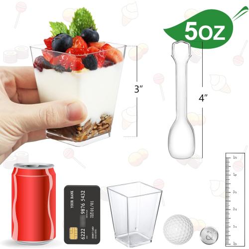 Eupako 100 Pack 5 oz Square Clear Plastic Dessert Cups with Spoons Small Clear Plastic Tumbler Cups Great for Desserts, Appetizers, Puddings, Mousse, Parfait