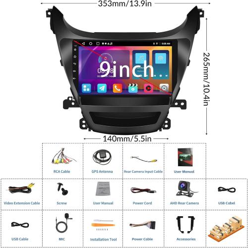 2 32G Android Car Stereo for Hyundai Elantra 2014 2015 2016 with Carplay Android Auto Mirror Link Change Wallpaper Theme 9 inch Touchscreen Radio FM RDS HiFi Bluetooth WiFi GPS  AHD Camera & MIC