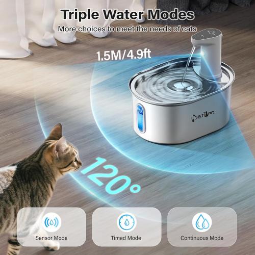 Wireless Cat Water Fountain Stainless Steel, 108oz/3.2L Cat Fountain Battery Operated, Automatic Cordless Water Fountains for Cats Indoor with Auto Shut Off Pump, Pet Water Dispenser for Cats Dogs