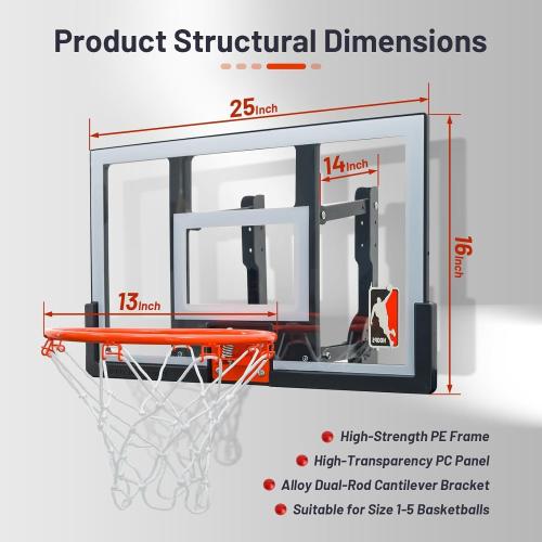 Efficraft Mini Basketball Hoop Indoor 25 Inch, Adjustable-Height Wall Mounted Hoop, Silent Basketball Backboard&Rim, Indoor Wall Basketball Hoop Shatter-Proof, Mini Hoop 2 Ball
