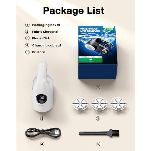 IPX6 Waterproof Washable Electric Fabric Shaver and Lint Remover, Rechargeable Sweater Defuzzer with 3 Free Extra Blades, Quickly and Effectively Remove Fluff, Fuzz, Bobbles for Clothes, White