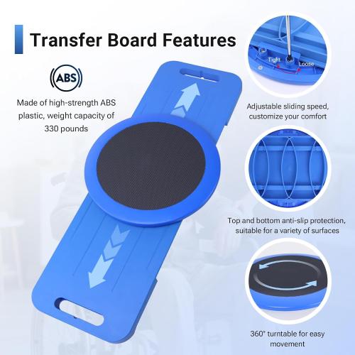 LOSCHEN Slide Transfer Board with Turntable, Slide Assist Device for Transferring or Seniors from Wheelchair to Bed, Toilet, Tub, Car - Slide Board with Turntable（Blue 29.5inch）