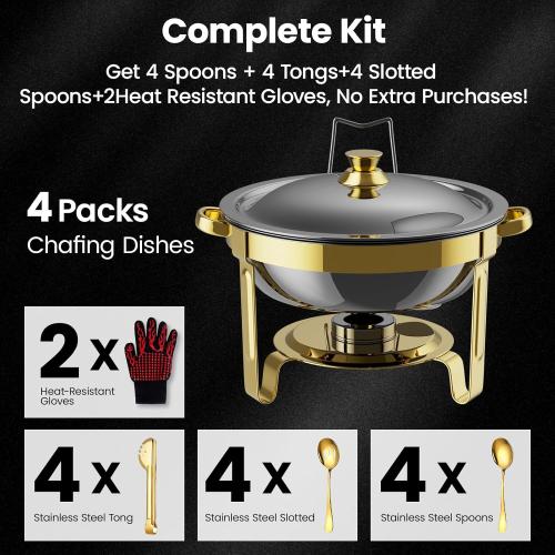 Round Chafing Dishes for Buffet 4 Pack, 6QT Chafers and Buffet Warmers Sets with 2 Heat-Proof Gloves, 4 Spoons, 4 Slotted Spoons & 4 Tongs, Gold Chafing Dishes for Buffet Parties Gatherings
