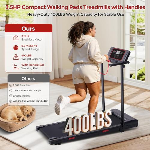 MCRG Walking Pad with Handle Bar, 3.5HP Electric Running Walking Pad Treadmill with Handles, 0.6-10.0MPH Portable Small Treadmill with Handle Bar for Home Small, 400 LBS Capacity