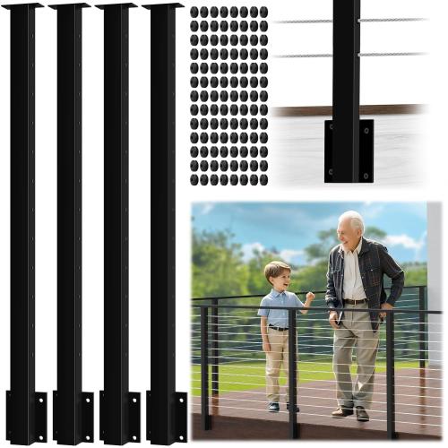 4 Pack Side Mount Level Drilled Cable Railing Post 42x2x2(Post Body 47.6), Fixed Top Level Post with Cable Grommets, SS304 Cable Rail Post, Black Finished Wood Concrete 12 Holes Deck Post