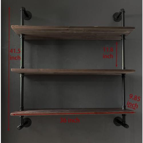 Industrial Pipe Wall Shelves with Real Wood Plank ,36 Inches Floating Shelves for Wall Farmhouse Book Shelves Dark Brown 3 Tier for Kitchen,Living Room Decor and Bar Shelving