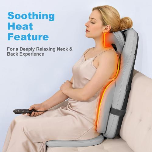 Shiatsu Neck and Back Massager with Heat - 3D Kneading & Vibration Full-Back Massage Cushion to Ease Muscle Stiffness, Adjustable Intensity & Height for Office Chair, Home Use (Grey)