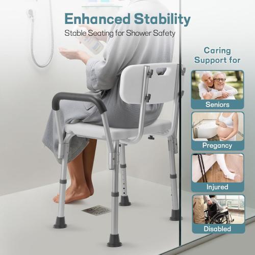 Shower Chair for Elderly and Disabled with Padded Armrests and Back, Adjustable Height Shower Seat, Tool-Free Heavy Duty Shower Chairs for Inside Shower, Handicap
