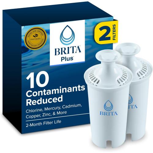 Brita BritaPlus Replacement Water Filter for Pitchers and Dispensers, WQA NSF/ANSI Certified, Reduces 2x More Contaminants vs. Standard Brita, Reduces Chlorine Zinc Copper Mercury & More, 2 Filters
