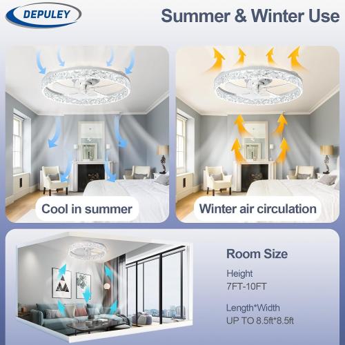 Depuley Ceiling Fans with Lights and Remote: Full Package 20 Modern Low Profile Flush Mount LED Ceiling Fan for Bedroom App Control - White Crystal Bladeless Fandelier for Laundry Room Kitchen