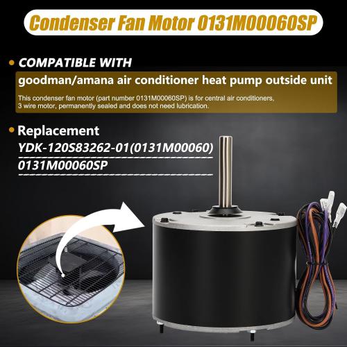 Fan Motor Replaces Goodman 0131M00060SP, 1/6HP, 1Speed, 208-230V, YDK-120S83262-01 Zongshan Broad-Ocean, a Genuine OEM Repair Part