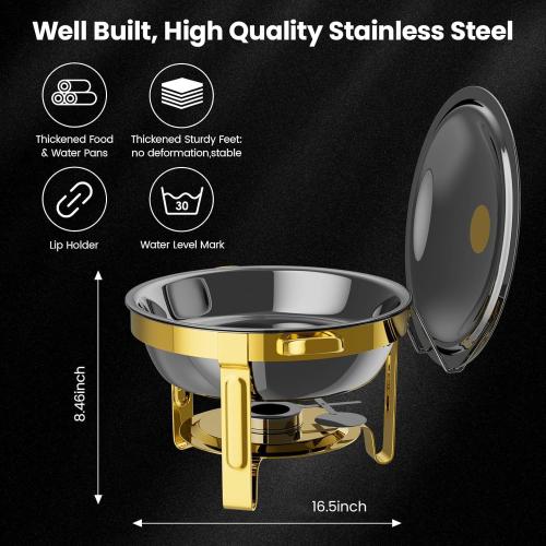 Round Chafing Dishes for Buffet 4 Pack, 6QT Chafers and Buffet Warmers Sets with 2 Heat-Proof Gloves, 4 Spoons, 4 Slotted Spoons & 4 Tongs, Gold Chafing Dishes for Buffet Parties Gatherings