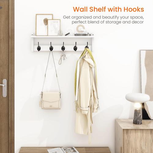 Homode Coat Rack with Wall Shelf and Hooks - 24 Inch Long, Wooden Hanging Coat Hanger with Hat Shelf for Entryway, Bathroom, Mudroom, White