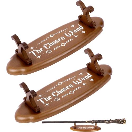 Wood Wand Stand Display - Magic Wand Holders with Foil Stamped Quotes - for Wizard Collection & Decoration, 5.4 L × 1.9 W × 1.4 H, 2-Pack, Brown