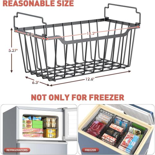 Goovilla Freezer Organizer Bins with Foldable Handle, 4 Pack Stackable Freezer Baskets for 3.5-7 Cu.FT Deep Chest Freezer Organization, Coated Metal Freezer Storage Bins with Better Space Utilization