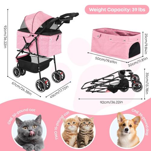 Pet Stroller,Dog Stroller for Small Medium Dogs Cats,3 Wheels,Foldable,with Breathable Mesh Canopy,Cup Holders,Easy Assembly,Pink